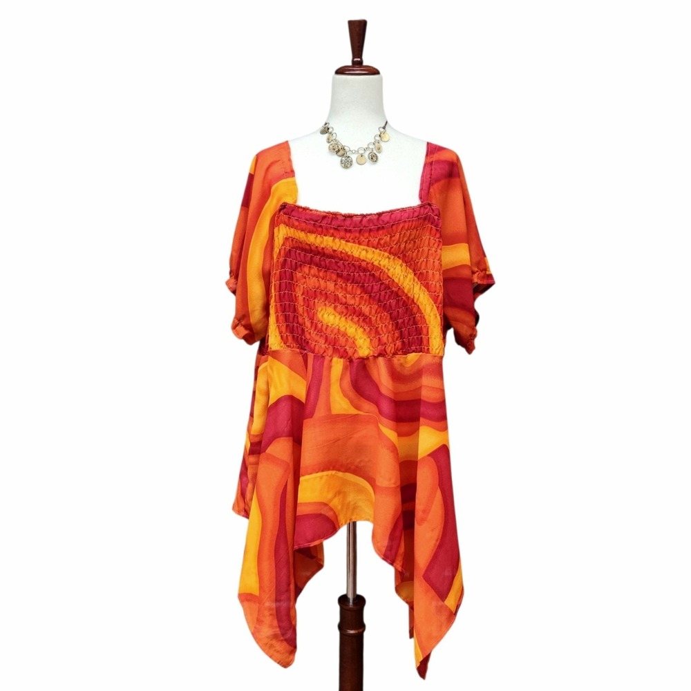 Erica Brooke Top Plus Size 24 Orange Psychedelic Square Neck Smocked Asymmetric